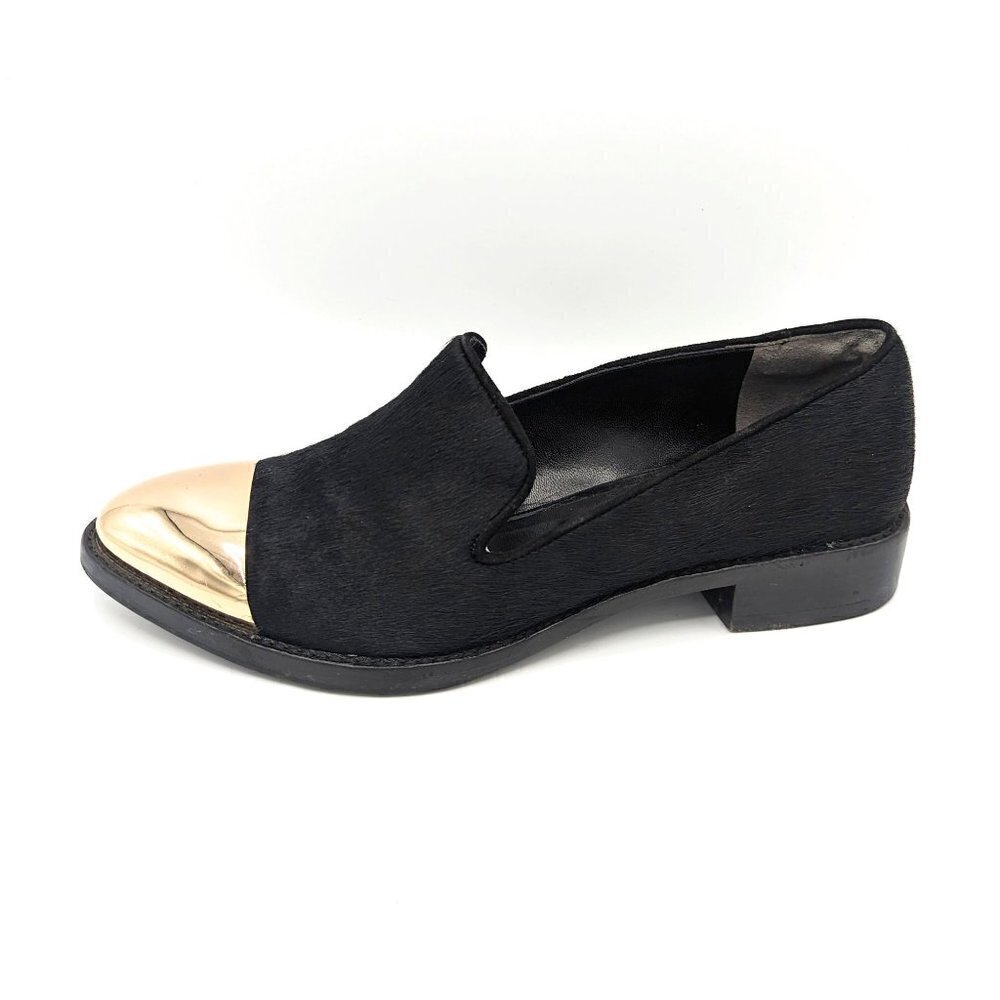 Rachel Roy LYANNAH REAL FUR Black Leather Slip On Loafers Gold Cap Toe Sz 7 (38)